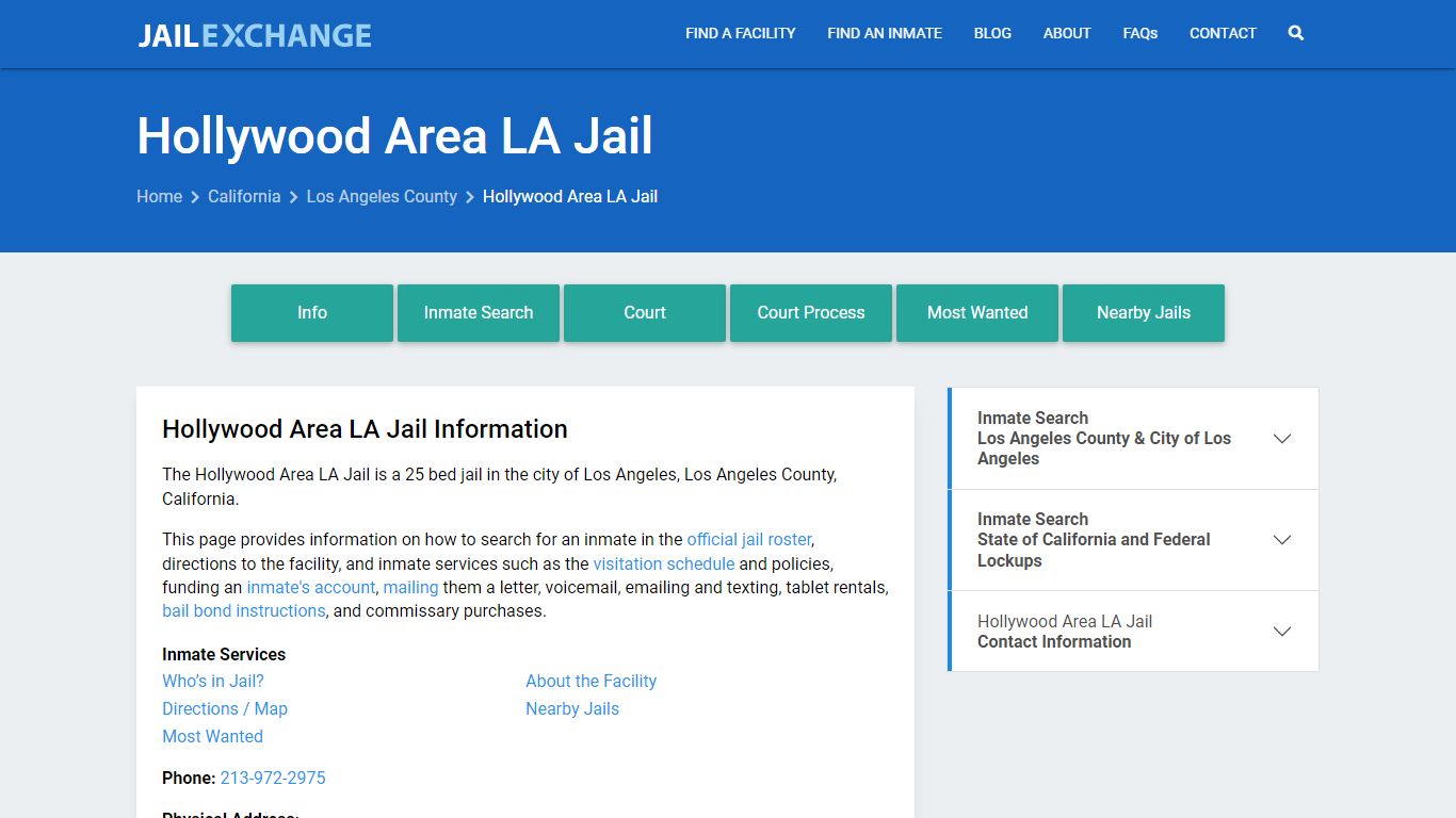 Hollywood Area LA Jail, CA Inmate Search, Information